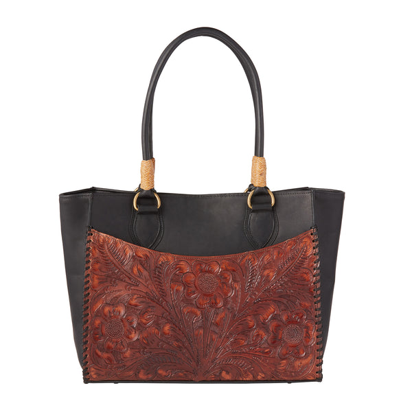 Tooled Leather Shoulder Tote - Red