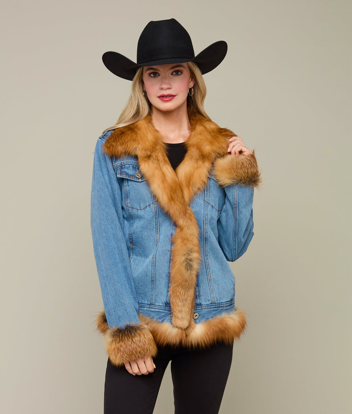 
    Denim And Red Fox Jacket :: Denim