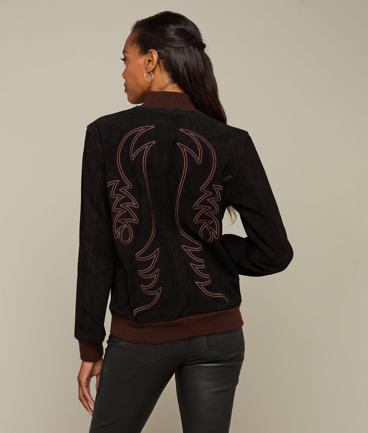 
    Embroidered Suede Bomber Jacket :: Black