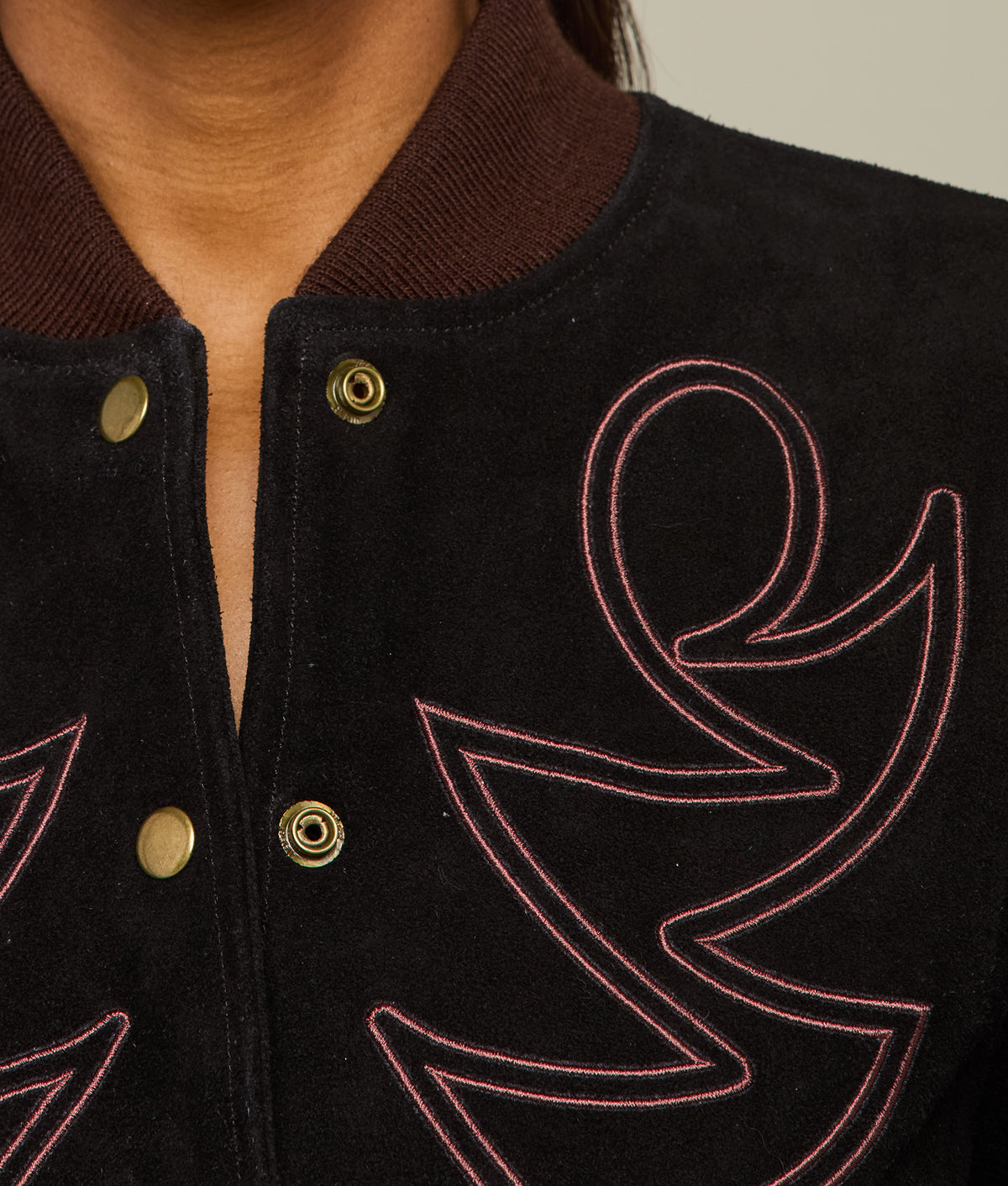 
    Embroidered Suede Bomber Jacket :: Black