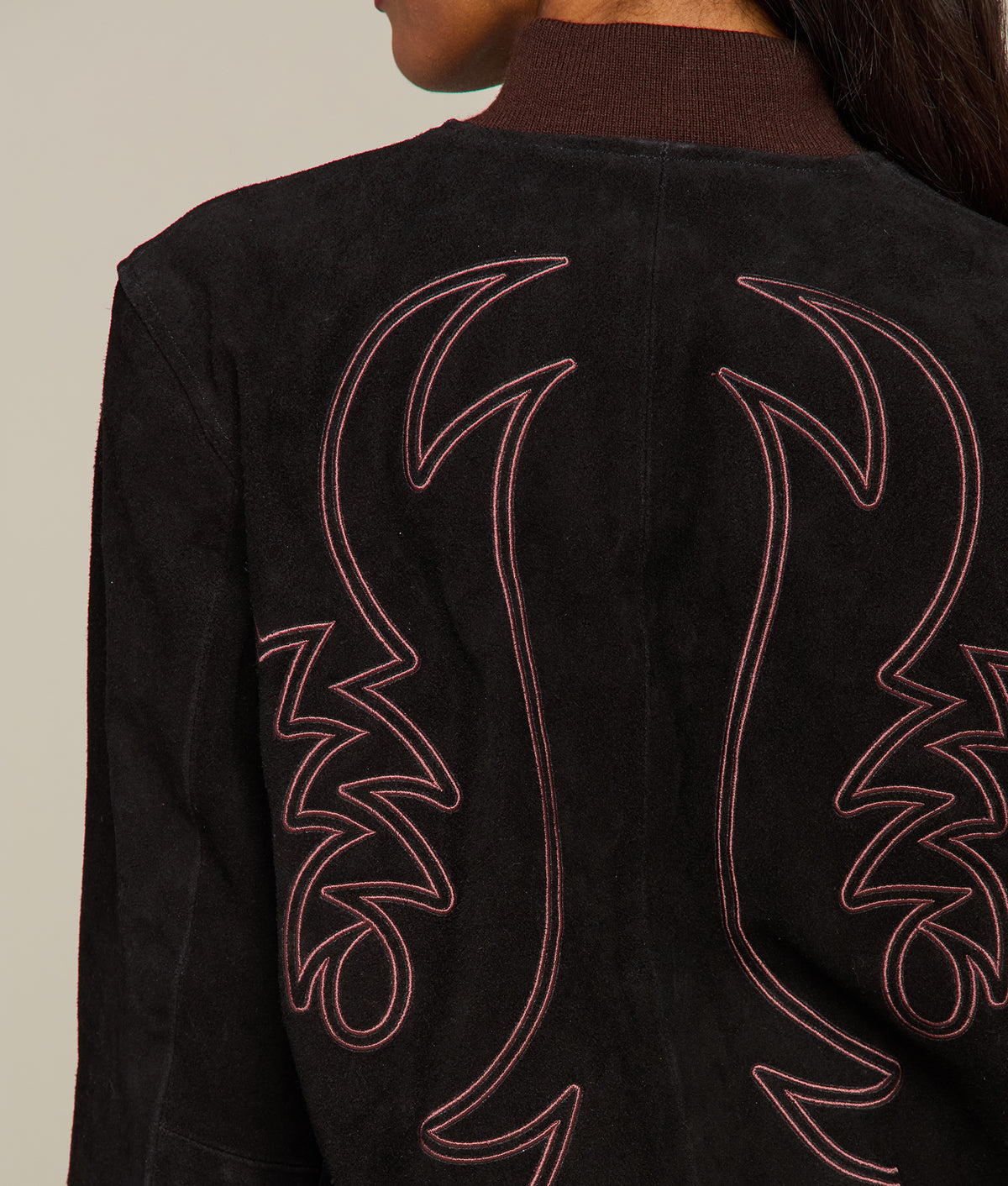 
    Embroidered Suede Bomber Jacket :: Black