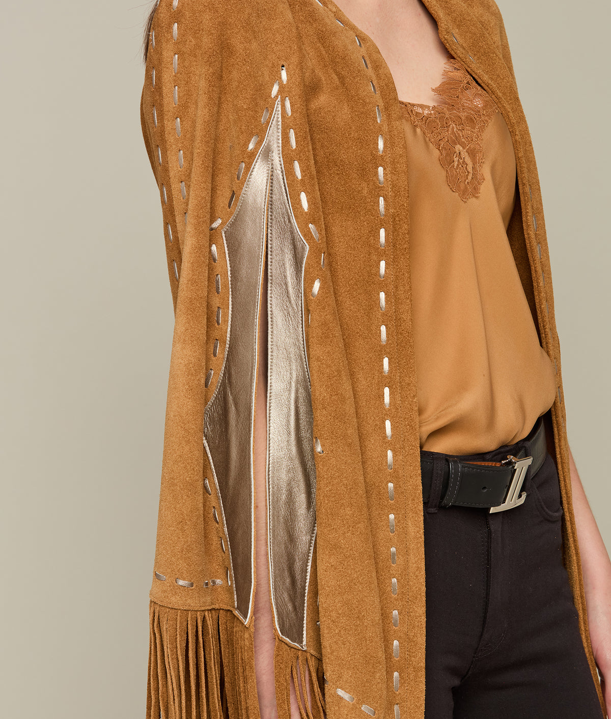 
    Sueded Fringe Cape :: Carmel