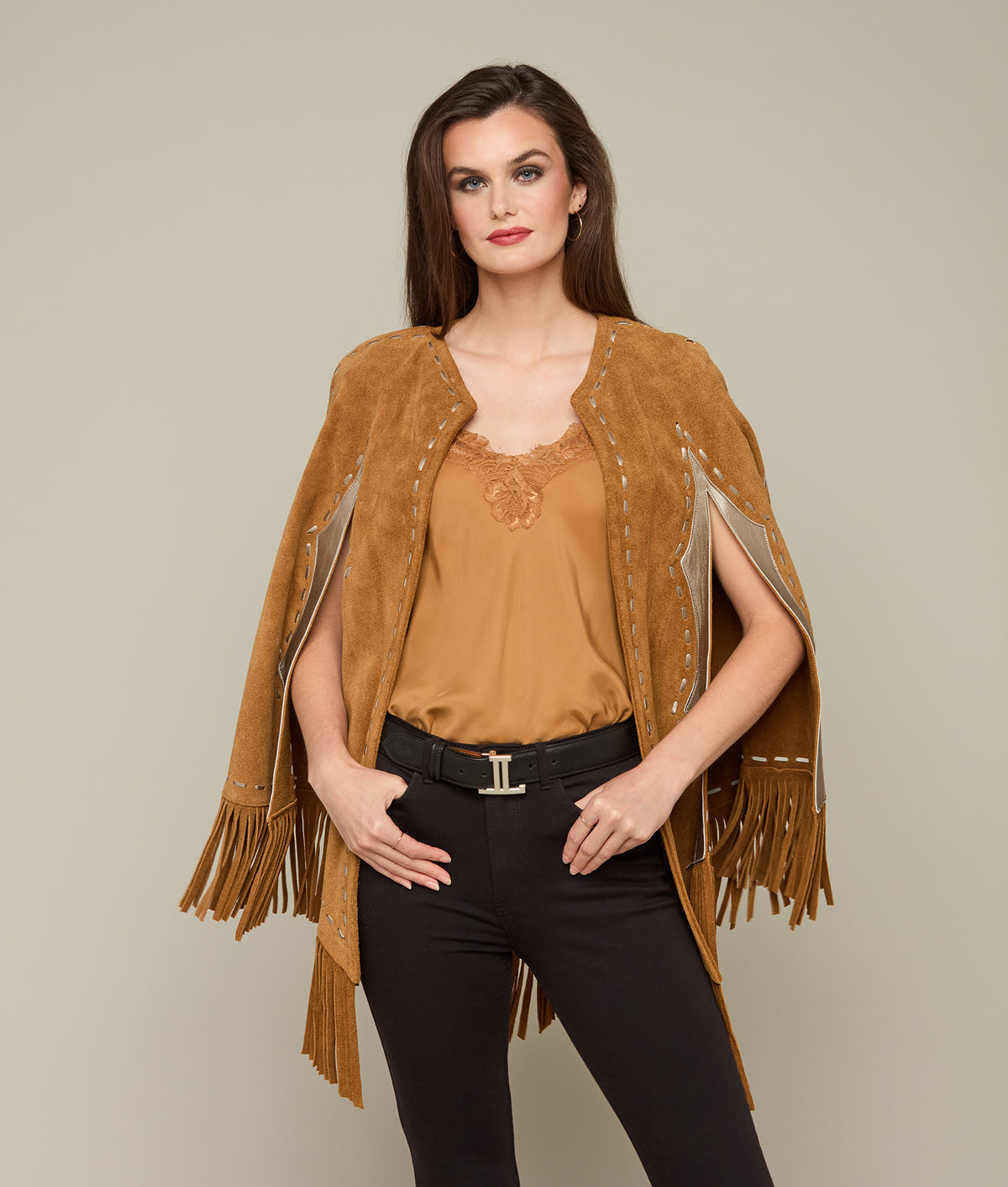 
    Sueded Fringe Cape :: Carmel