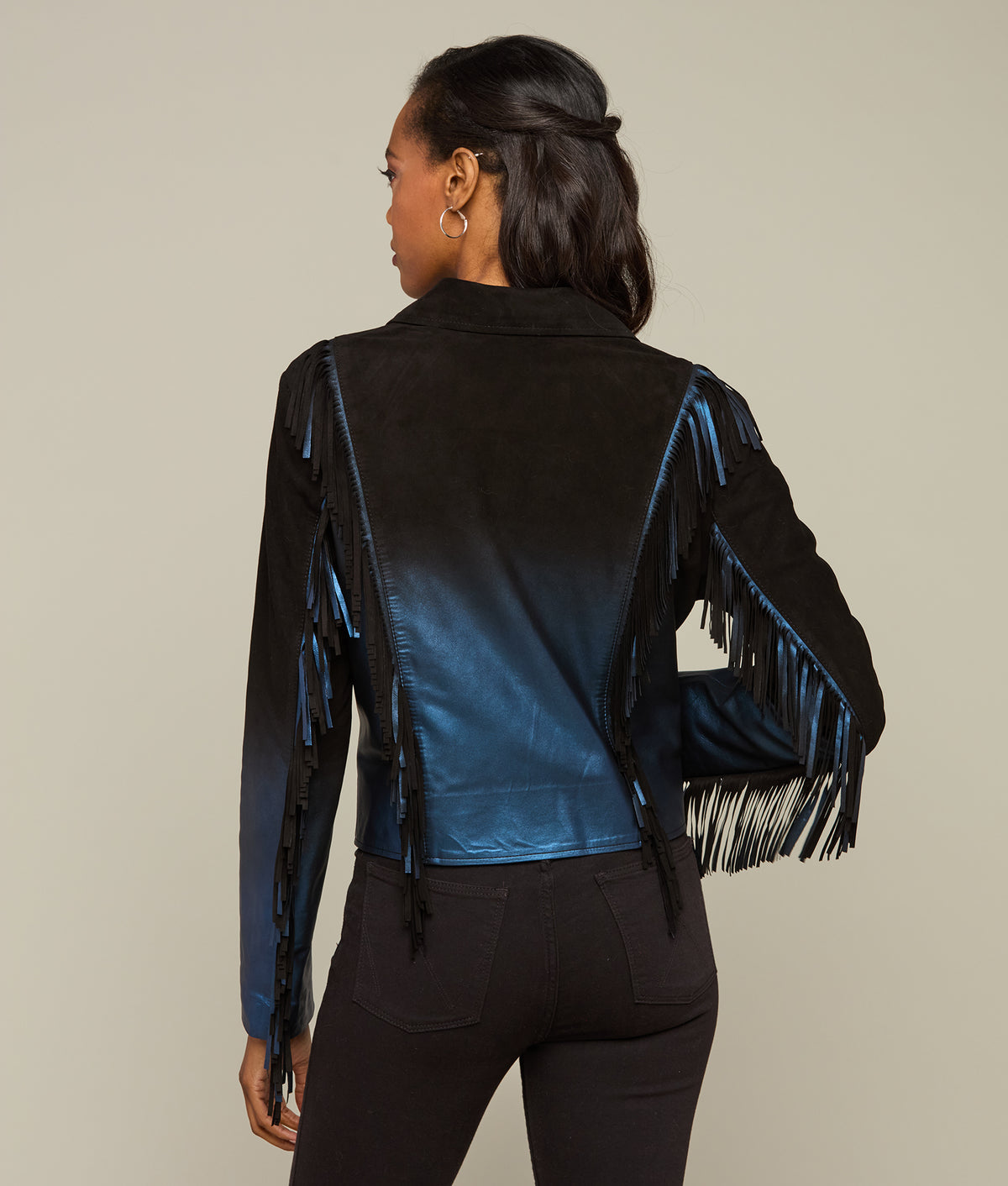 
    Pearlized Fringe Jacket :: Black/Blue