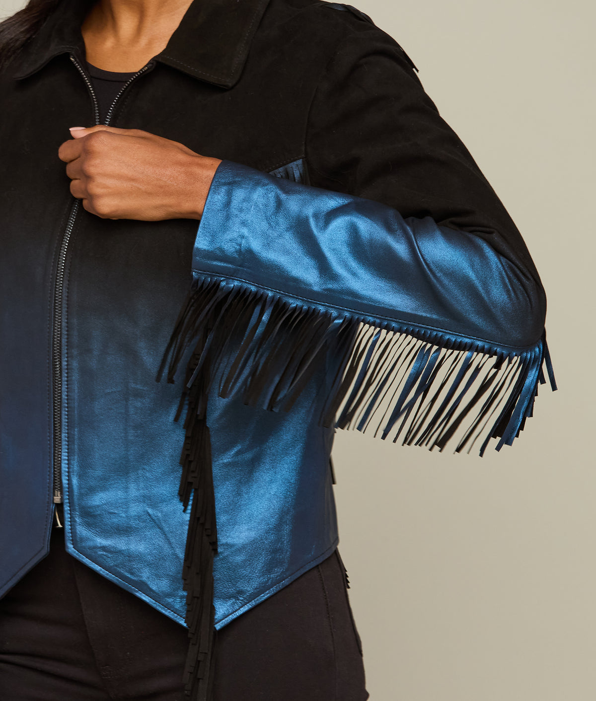 
    Pearlized Fringe Jacket :: Black/Blue