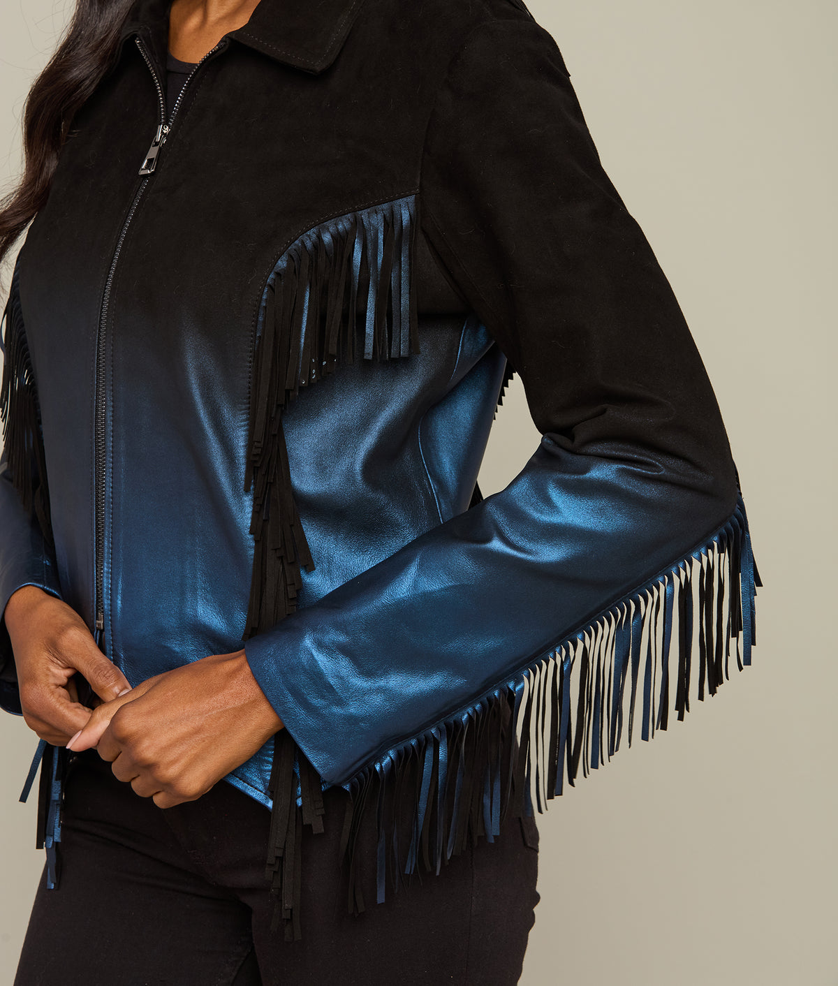 
    Pearlized Fringe Jacket :: Black/Blue