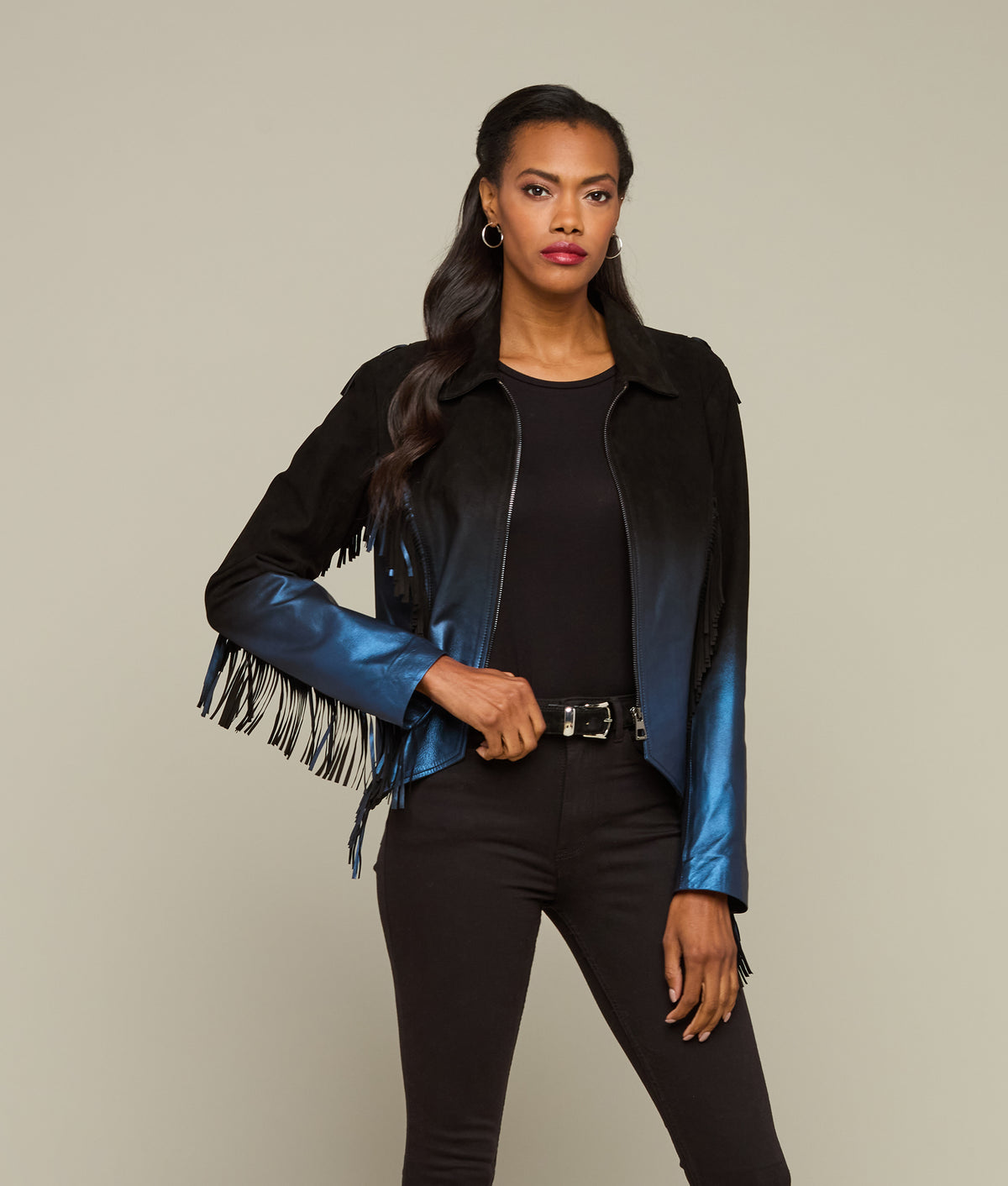 
    Pearlized Fringe Jacket :: Black/Blue