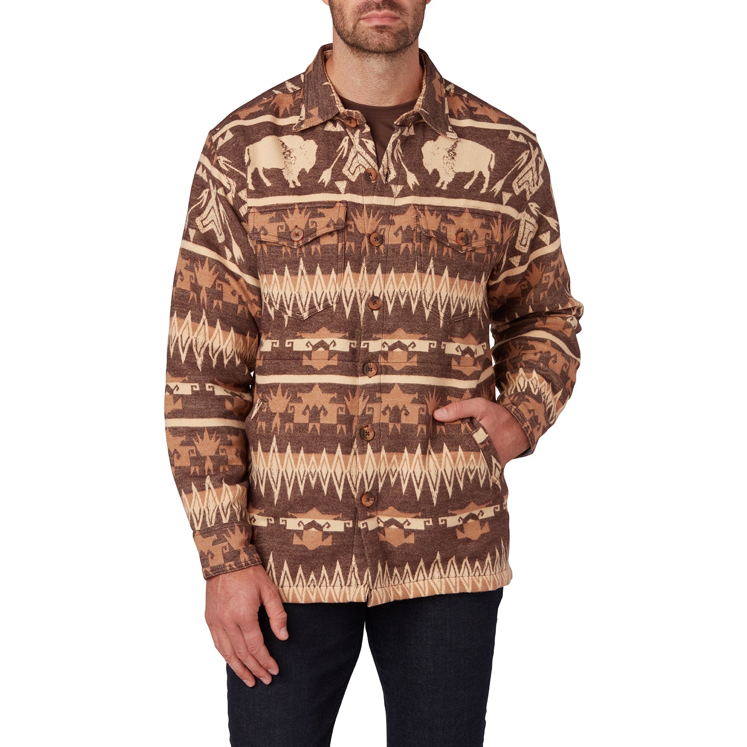 Men's Native Pattern Fleece Western Shirt in Tan & Brown