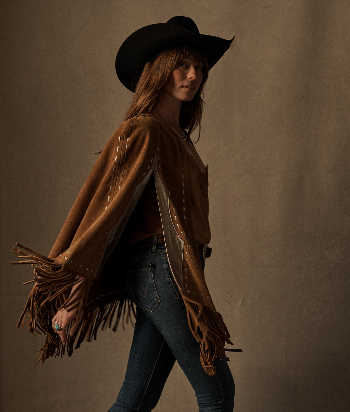 
    Sueded Fringe Cape :: Carmel