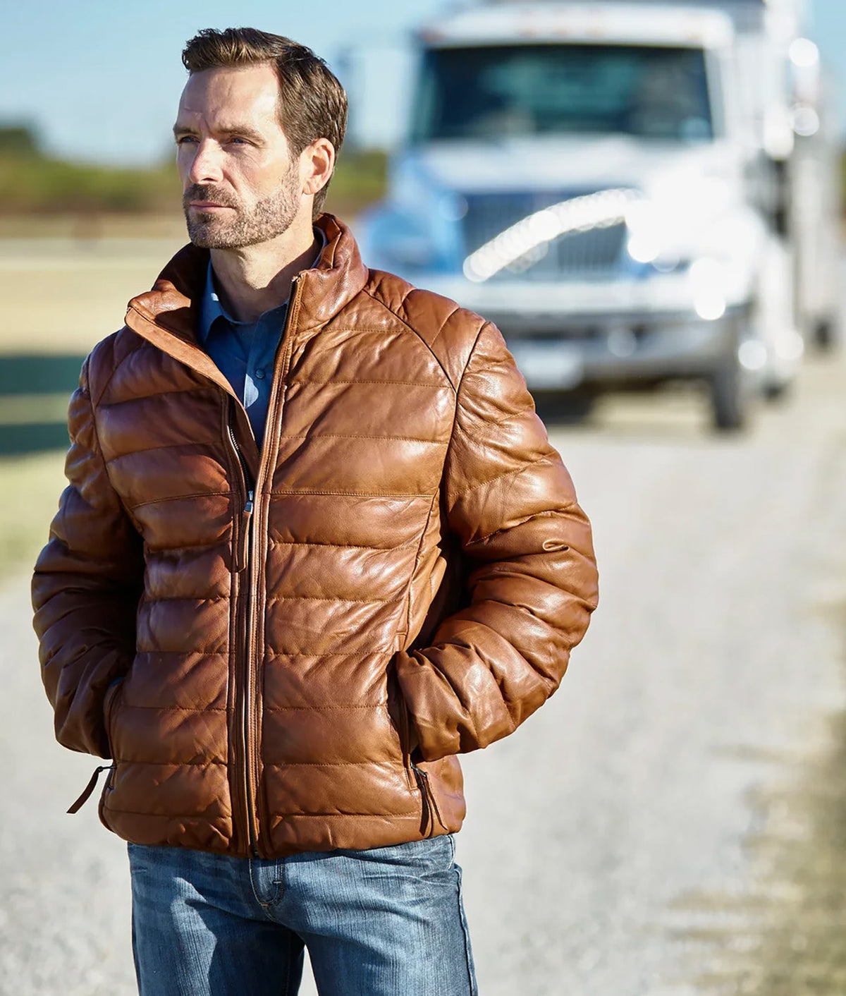 
    Men&#39;s Leather Puffer Jacket :: Cognac