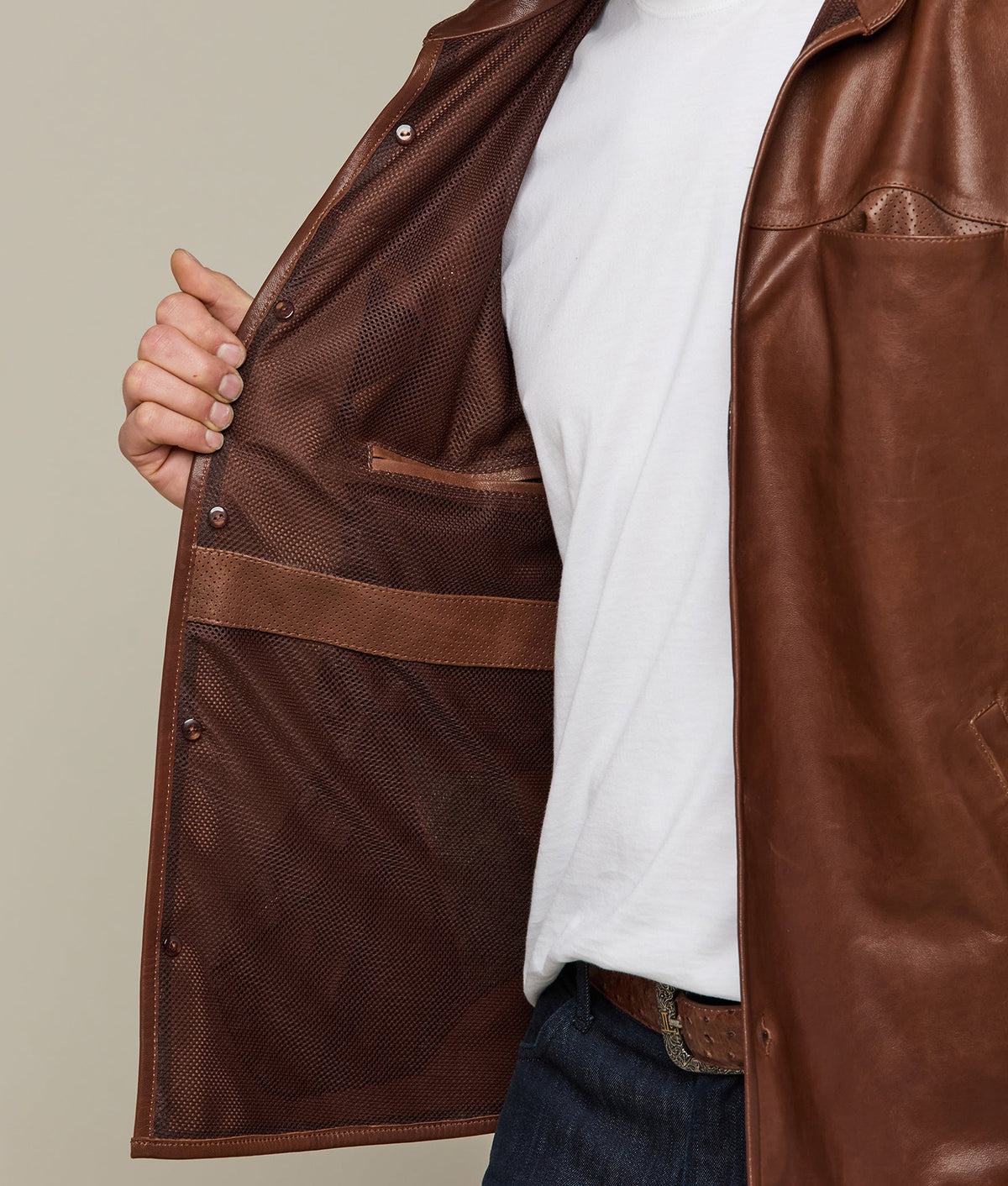 
    Perforated Lightweight Lambskin Jacket :: Whiskey