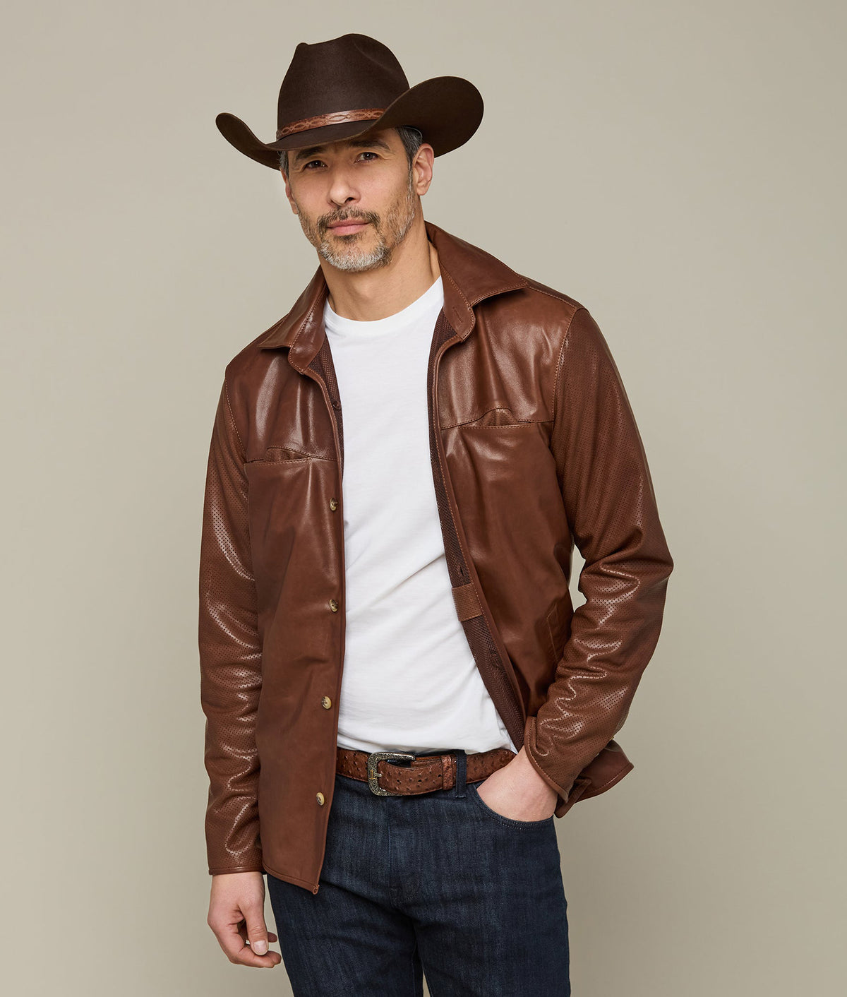 
    Perforated Lightweight Lambskin Jacket :: Whiskey