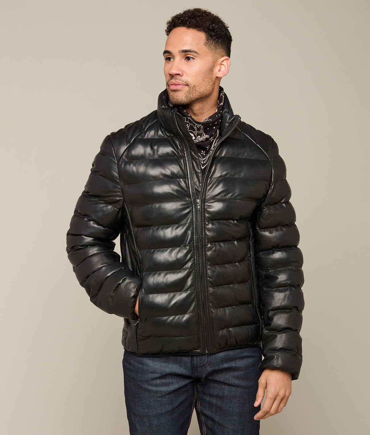 
    Men&#39;s Leather Puffer Jacket :: Black