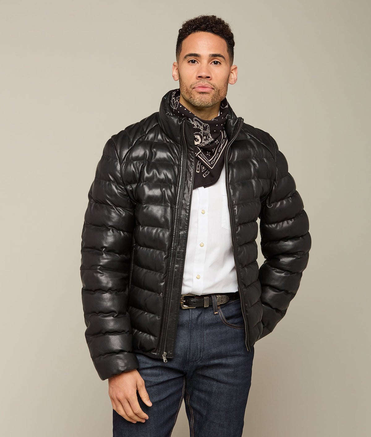 
    Men&#39;s Leather Puffer Jacket :: Black