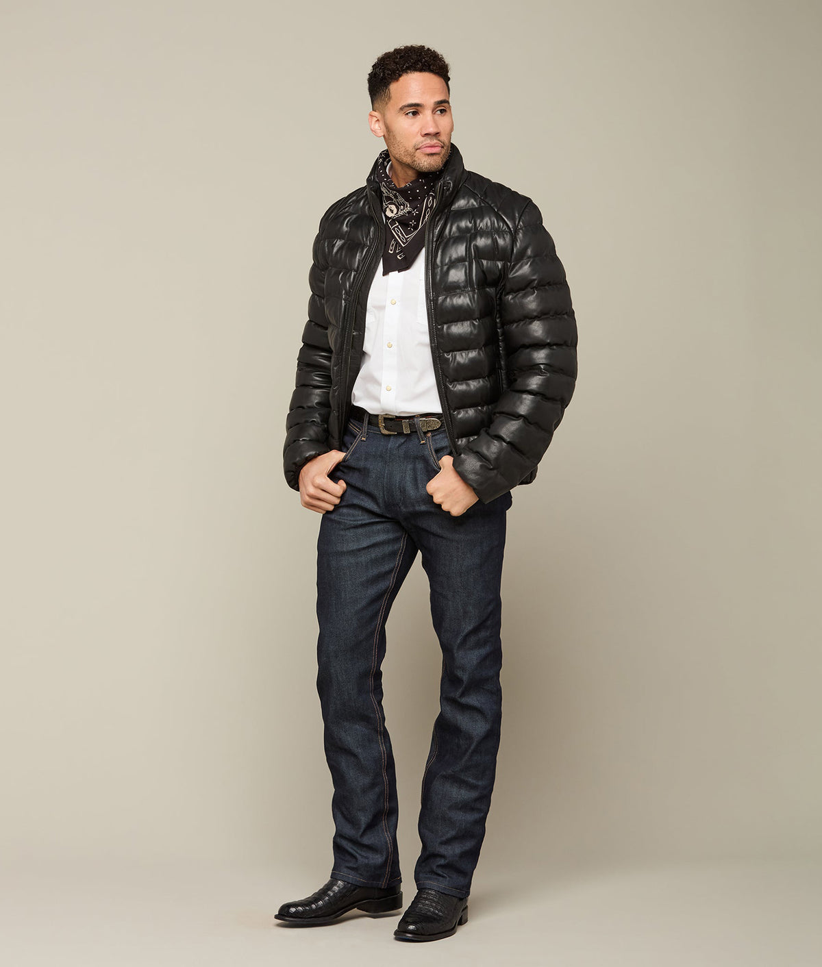 
    Men&#39;s Leather Puffer Jacket :: Black