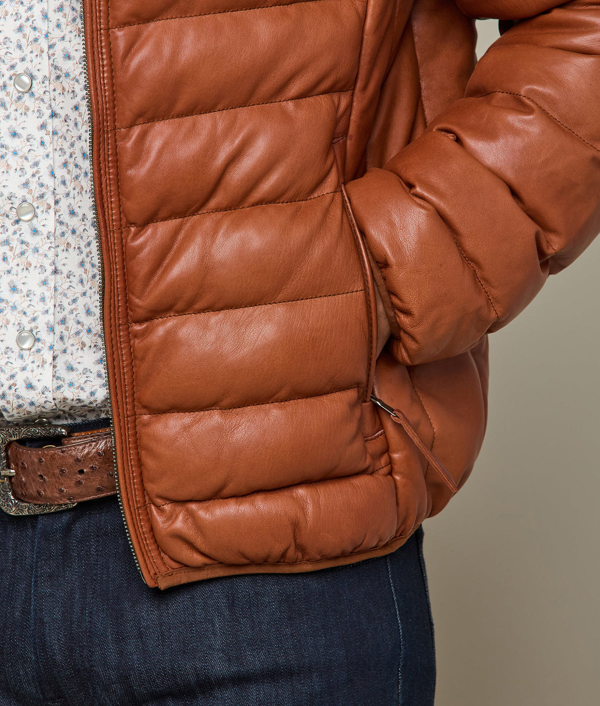 
    Men&#39;s Leather Puffer Jacket :: Cognac