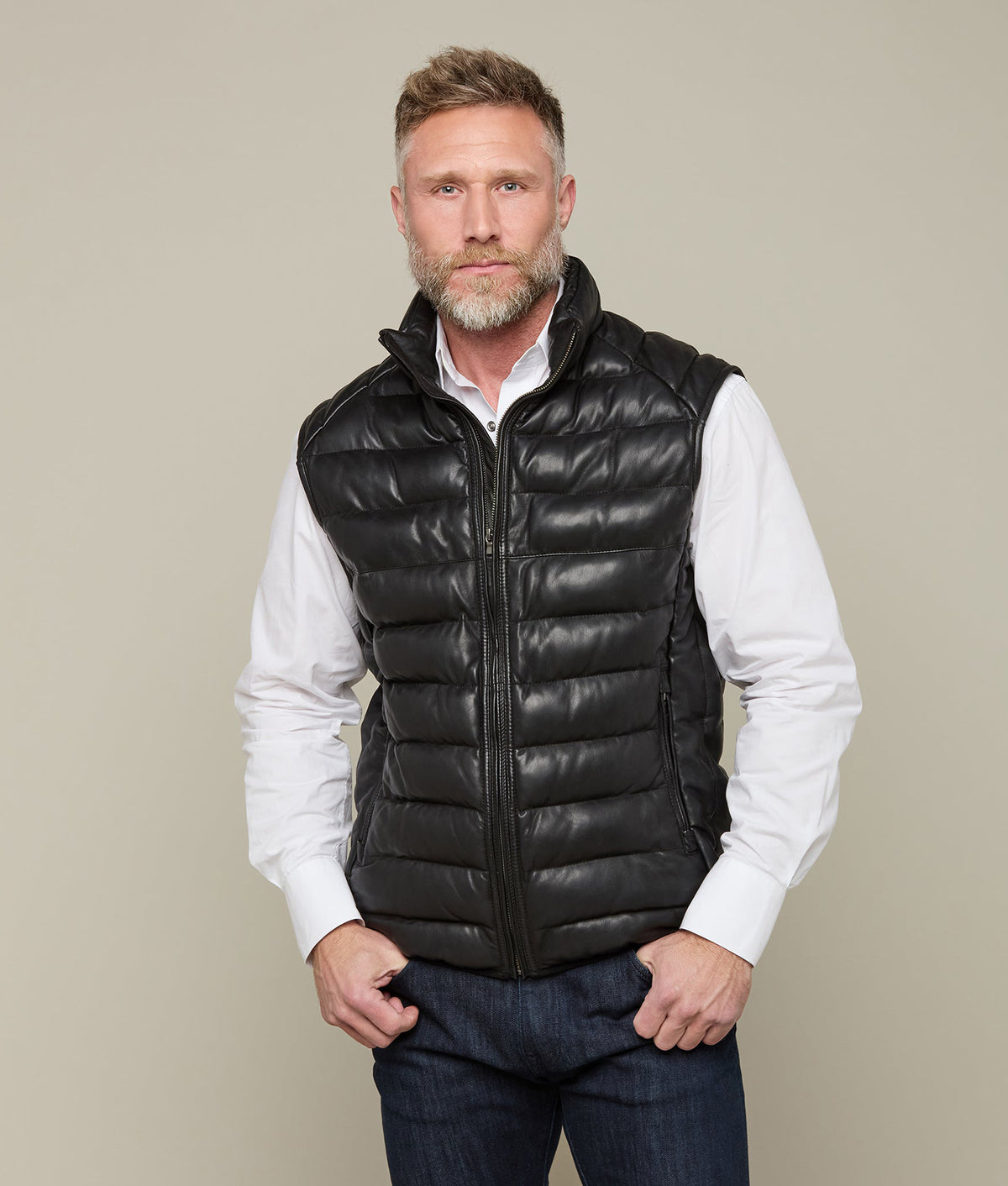 
    Men&#39;s Leather Puffer Vest :: Black