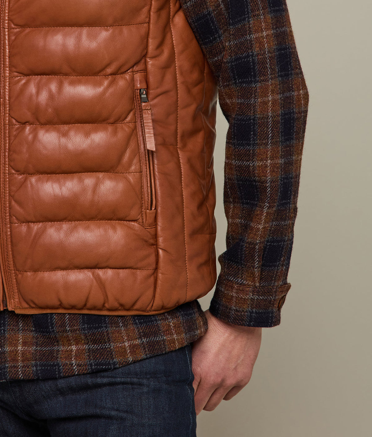 
    Men&#39;s Leather Puffer Vest :: Cognac