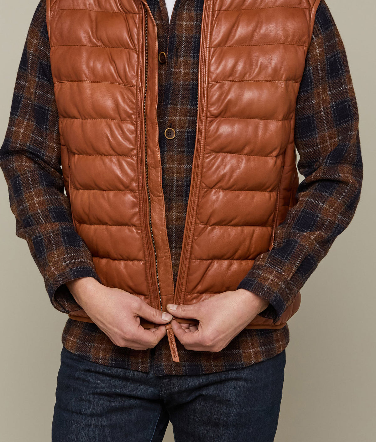 
    Men&#39;s Leather Puffer Vest :: Cognac