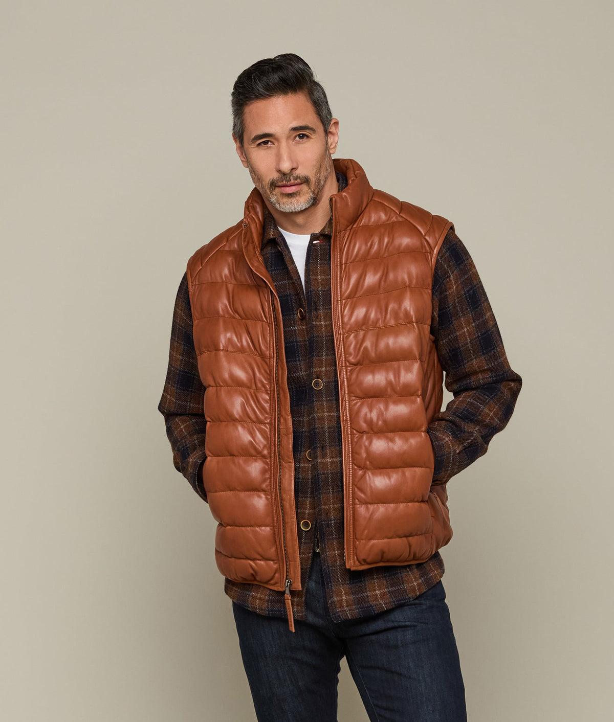 
    Men&#39;s Leather Puffer Vest :: Cognac