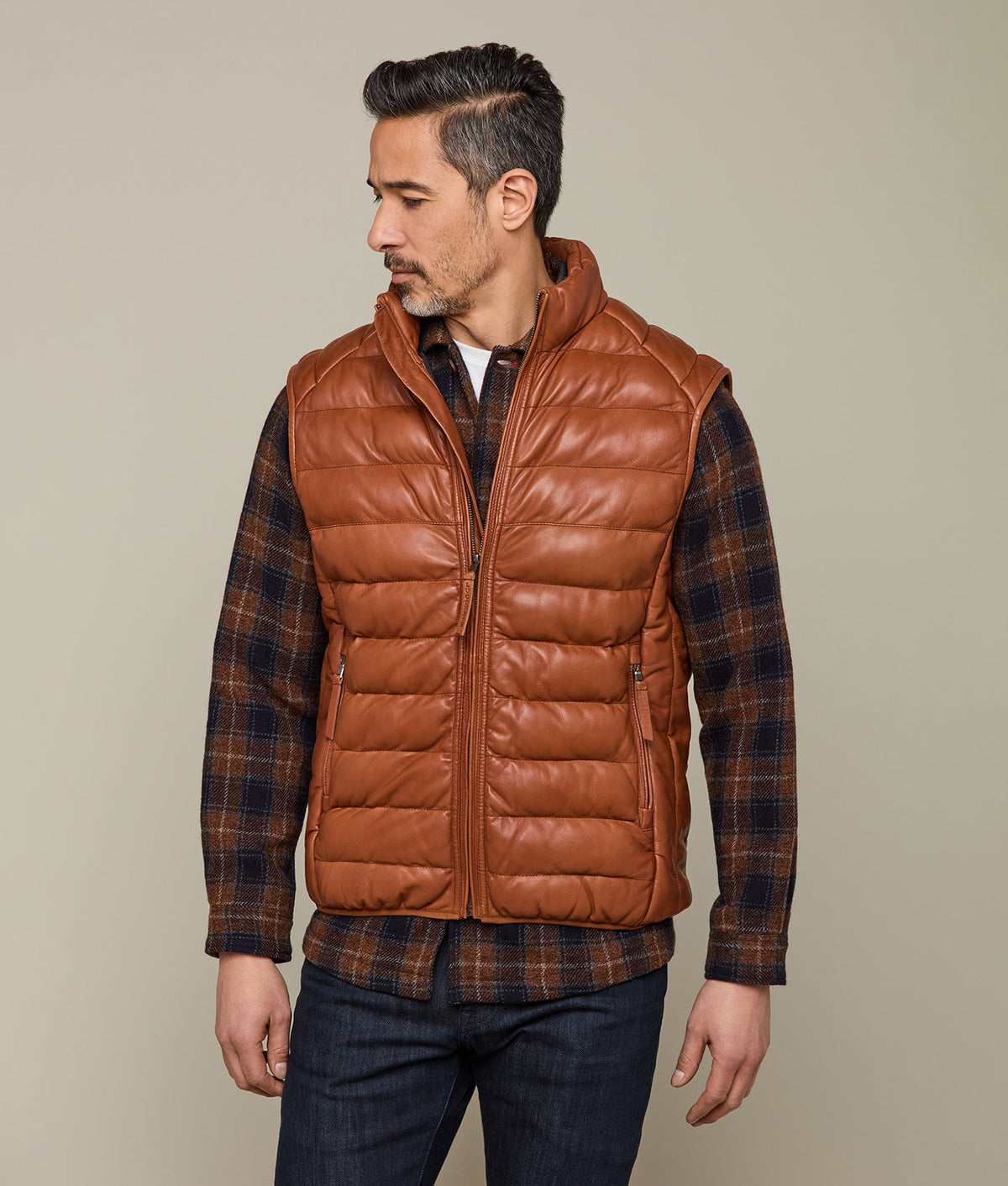 
    Men&#39;s Leather Puffer Vest :: Cognac