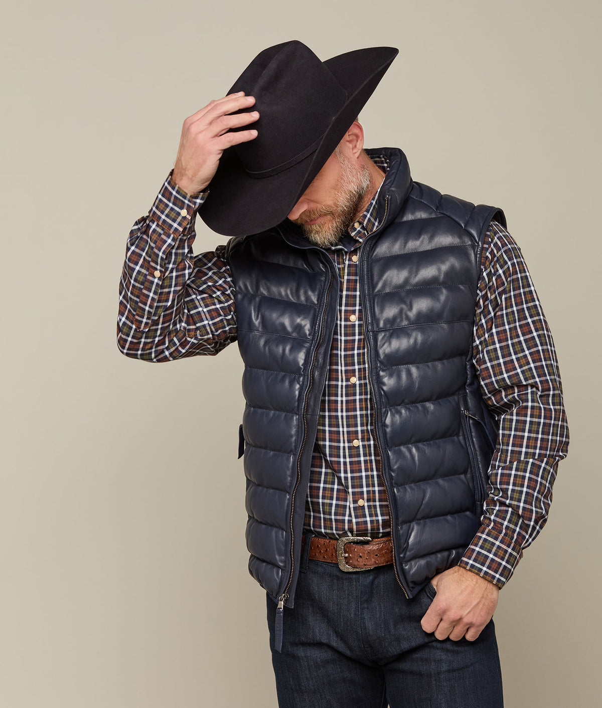 
        Men&#39;s Leather Puffer Vest :: Navy