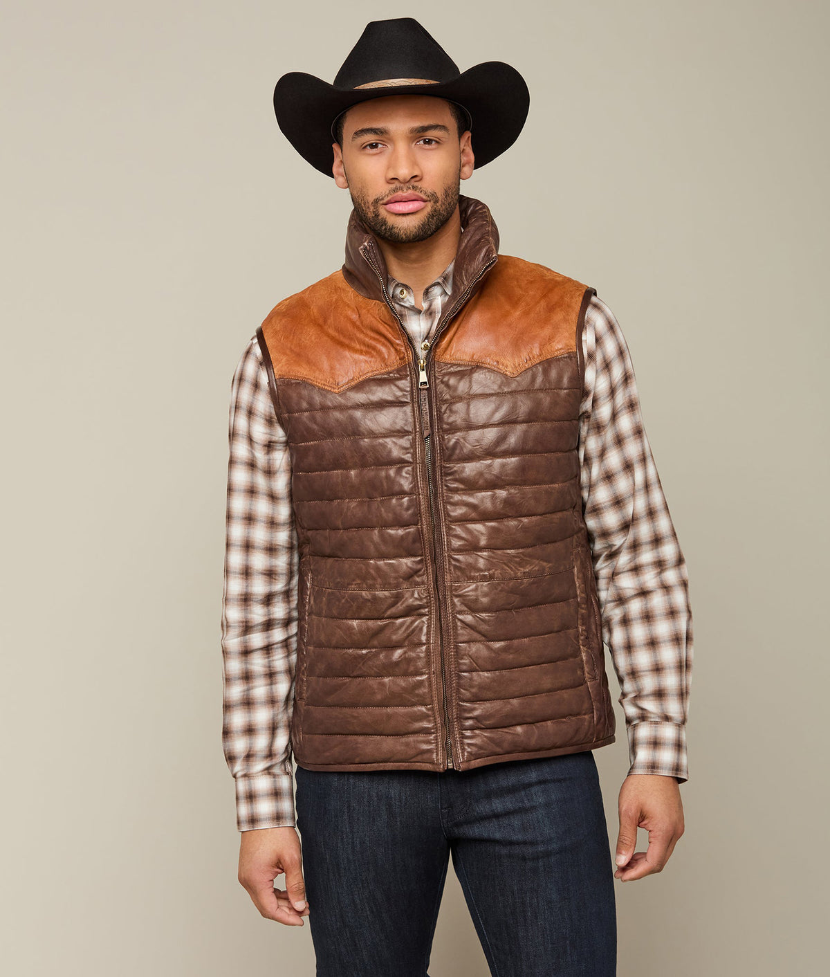 
    Western Yoke Leather Vest :: Cognac