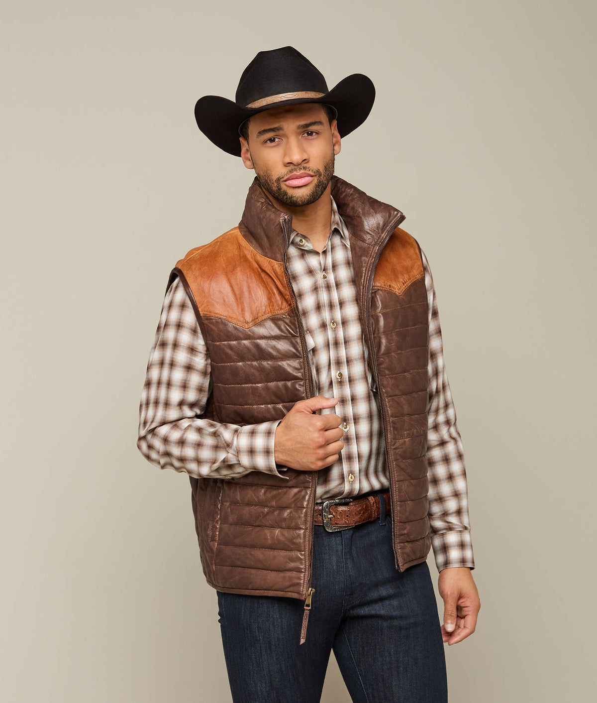 
    Western Yoke Leather Vest :: Cognac