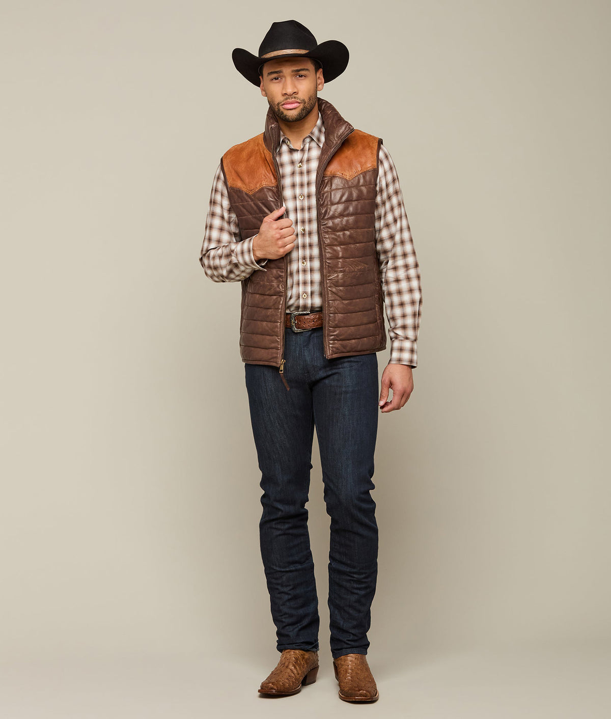 
    Western Yoke Leather Vest :: Cognac