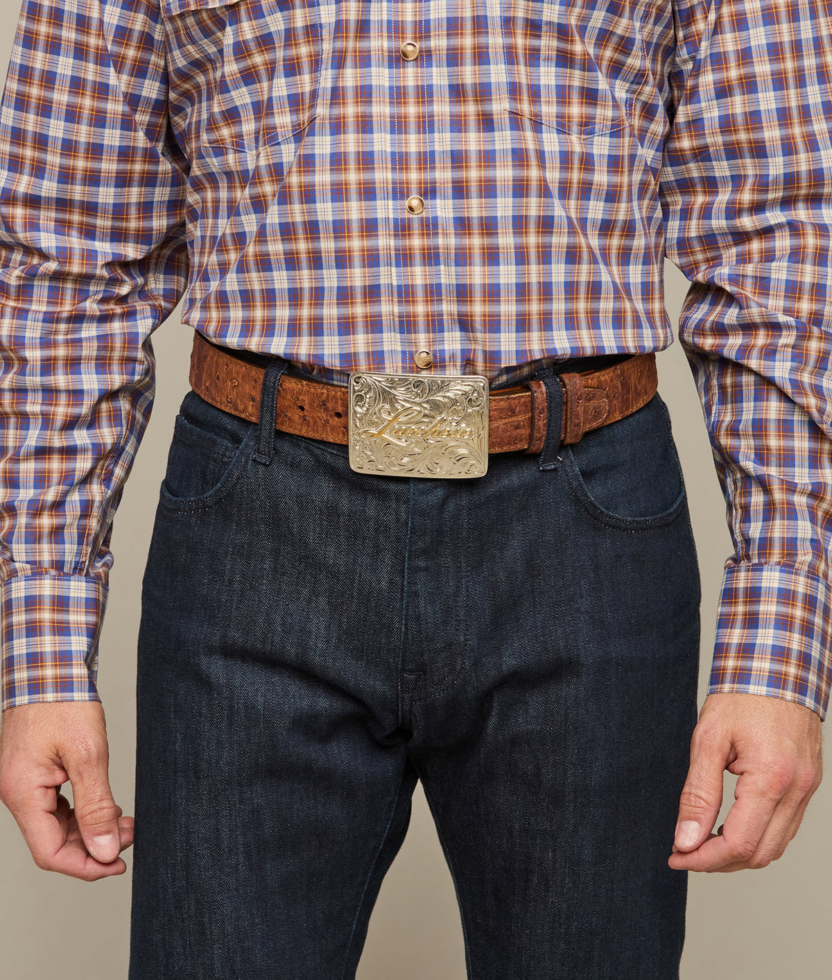 
    Pecan Full Quill Ostrich Memento Belt :: Tan