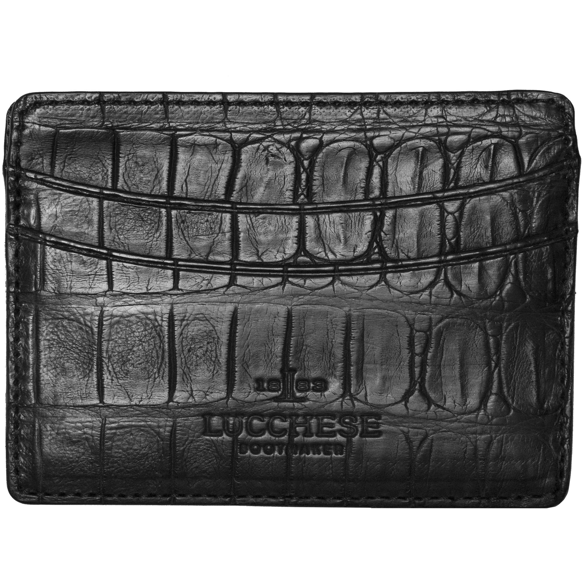 Women's Small Leather Card Case Wallet with Flap - Croco